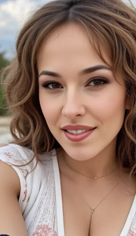 A close-up portrait of woman with vibrant brown hair, green eyes, captured in ultra-realistic 8K resolution using a Canon EOS R5 with a 50mm f/1.2 lens. Her face is sharply detailed, smiling, with smooth skin textures, defined facial features. A fit brunet...