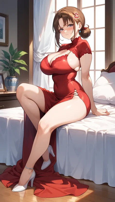  Kyoka Tachibana - Tachibana's Male Affairs Summary Edition - PonyXL 1Milf,  Mature Woman, Motherly, Fascinating fat body,  brown hair, ( hair bang:1.2),  expression of anger,  detailed face,  full body,  sitting on bed,  's sexy red dress ,  big breasts, ...