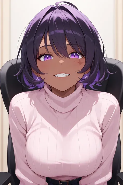 Alone,1 woman, dark skin, pink turtleneck sweater,Shoulder sample ,  purple hair,  black hair,  short hair, scar on his left eye ,  hair over the eyes, Violet Eyes,  sharp teeth,  mischievous smile, scary,  The best quality, intricate, highly detailed,  ma...