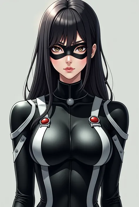  1 girl、 with sexy bodies(Big Breasts)、( that clearly shows the lines of the body) create a superhero with a uniform that mixes soldiers and ninjas。Bodysuit with PAI on the chest of the uniform 、 The color of the uniform is black and white, 、 military styl...