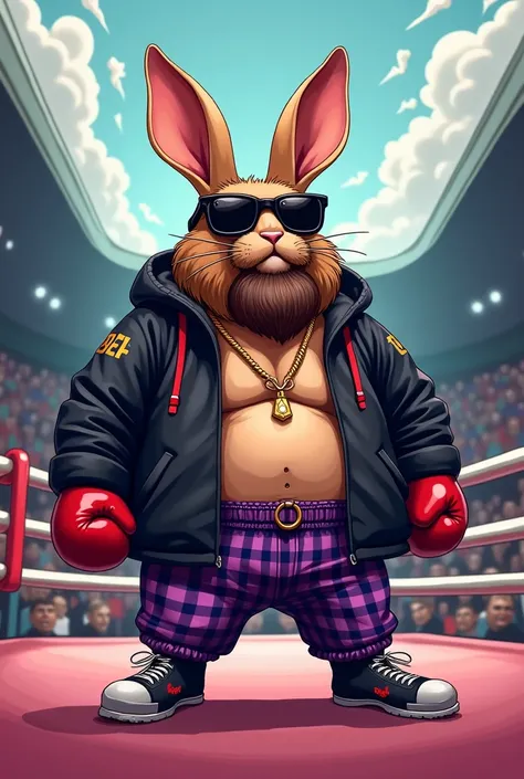  logo make me an arttoy-style image of a fat rabbit with a beard and dark glasses and that has a rapper style chain  , And that the wardrobe is a windproof jacket and the bottom flannel has the  "YUPEE TEAM by bigmike" And the clothes are black and purple ...