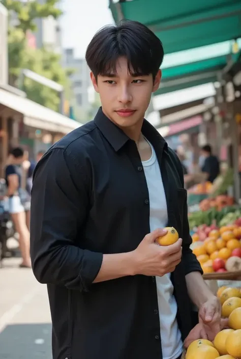 "A handsome Korean man, age 32, with short black hair and fair skin, dressed in a stylish black shirt layered over a white T-shirt, buying fresh fruits at a vibrant market during daytime. He is selecting ripe, colorful fruits from a stall, examining them w...