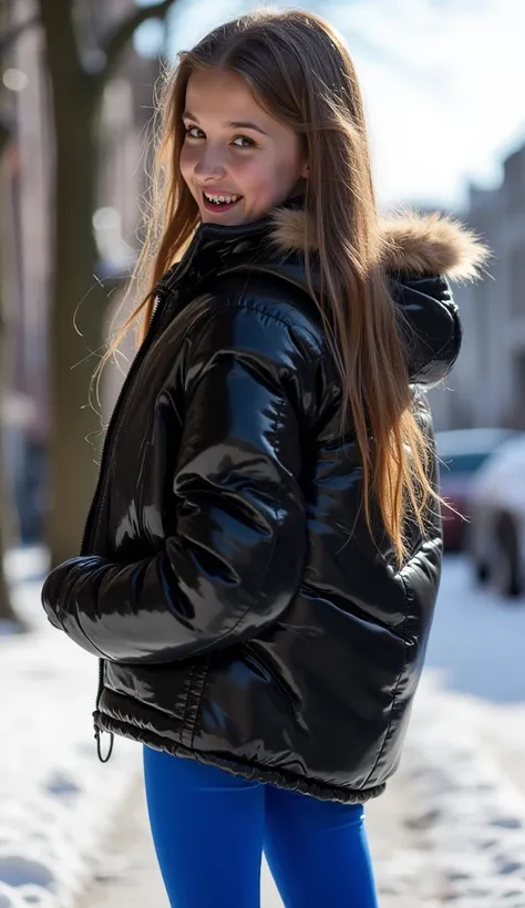 Diagonal photo feom side behind of a cute beautiful darkblonde dutch spanish italia young posing age femboy wearing shiny black pvc cropped short moncler puffer jacket. Big moncler canadagoose colmar logo patch, Pvc jacket with fur hood accent. Furry hood....