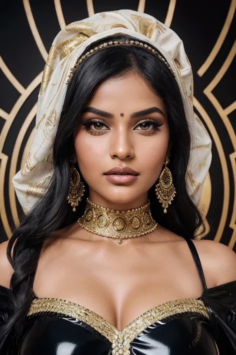 A 4K HDR 300DPI closeup hyper-realistic illustration of a regal, beautiful plus size Indian woman, wearing binthi and nose pin,She features prominent dramatic black lashes, hazel eyes, arched eyeliner flawless makeup, and shimmering burugundy lip-gloss. He...