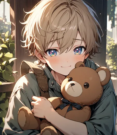 Solo, 1boy, boy, young, light brown hair, beautiful color, beautiful eyes, high detail, detailed background, holding a teddy bear, cute, shy smile, overalls