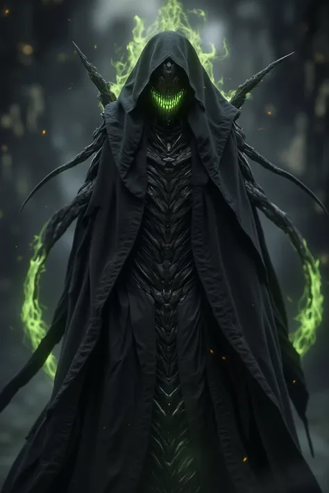  dark fantasy style art, reaper of night!!!!, eerie and grim art style, the harbringer of death, dark cloaked necromancer, reminded me of the grim reaper, grim reaper, the grim reaper, dark art style, dark hooded wraith, green glowing eyes, green flames, g...