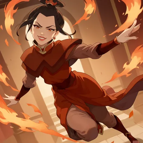 A sexy display of Princess Azula in a seductive atmosphere, full_body display, seduction, jewellery, revealing outfit, seductive smile, cheeky smile, seductive eyes, detailed face and skin, bending fire though air