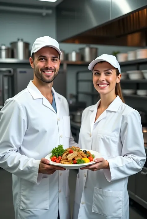 MALE AND FEMALE NUTRITIONISTS WITH CAPS AND LAB COATS IN AN INDUSTRIAL KITCHEN IN THE BACKGROUND ARE HOLDING A HEALTHY MEAL ARE THEY HAPPY  