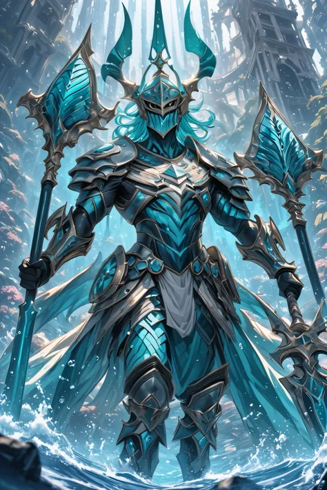 giant King of the ocean wearing a gladiator mask and a powerful trident and a triton armor set, aquatic color scheme