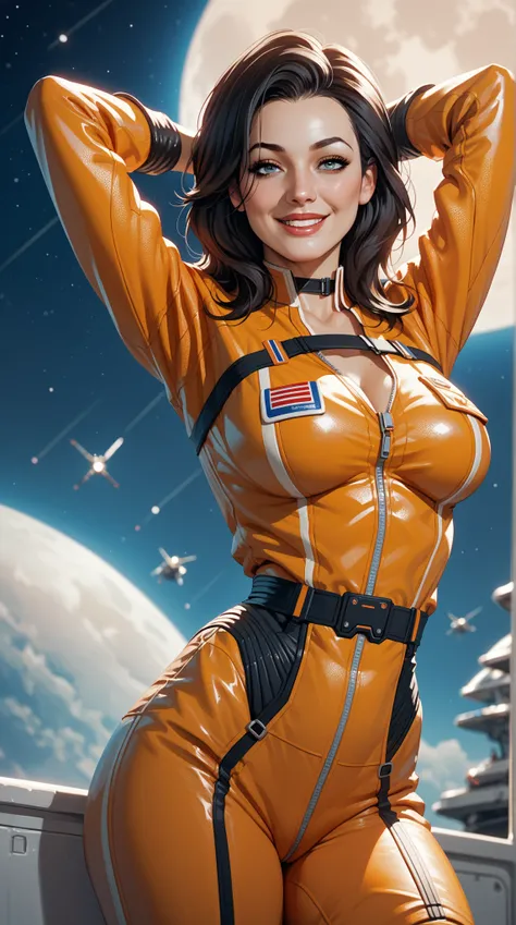 Miranda Lawson from Mass Effect, space jumpsuit, short in height, standing, hands behind head, seductive smile, full moon, UHD, Masterpiece, High Quality, 8K