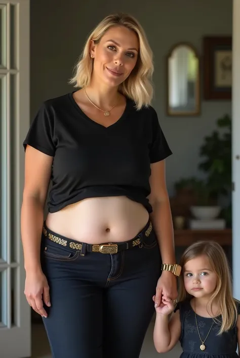 Best quality, realistic beautiful Attractive blonde mom, 30 years old that was skinny let herself go and now has a 20 pound muffin top of waist fat wrapping around her still skinny frame like a donut, it’s completely covered up by a black t shirt, she now ...