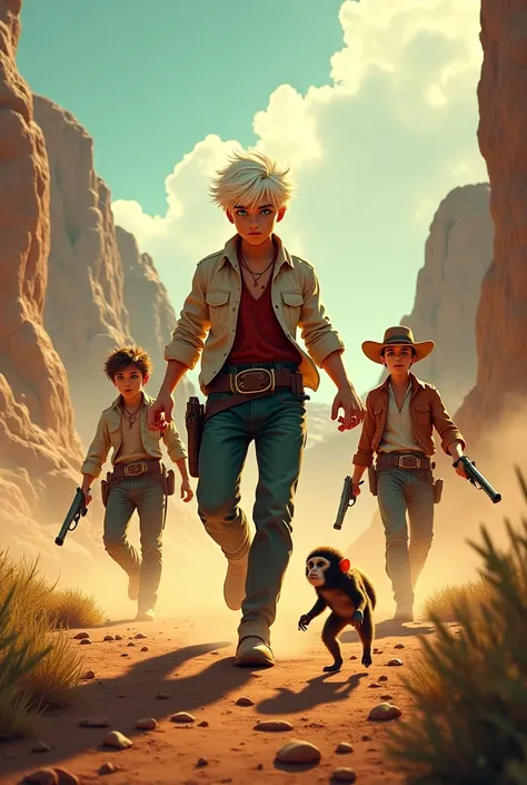 16-year-old boy, high, with white hair and green eyes shooting cowboys in the Wild West while protecting a 14-year-old boy and a small monkey 