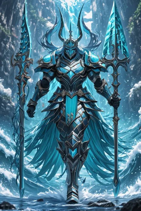 giant King of the ocean wearing a gladiator mask and a powerful trident and a triton armor set, aquatic color scheme