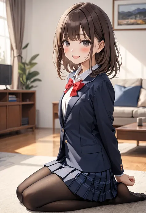 from side、full body、Masterpiece,  top quality,  Ultra Detailed,  1 girl,  small breasts、 brown hair、bangs、 detailed face, smile、blush、 open your mouth、 school uniform,  navy blue blazer、 white shirt 、 red ribbon、 pleated skirt,  black pantyhose ,  delicate...