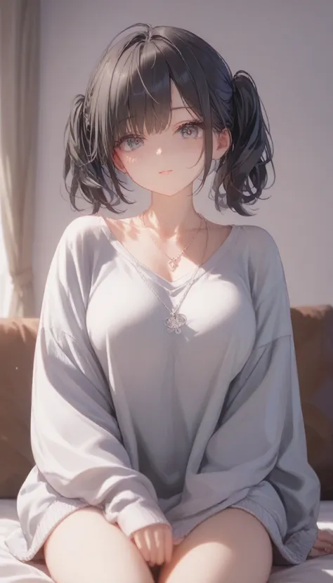 ( top quality, 8k, 32K,  Masterpiece,  super high resolution:1.2), image of a cute Japanese woman ,  big breasts,  Very Short Bob Hair , upper body,( oversized_  sweater ,:1.1)  necklace,  ,  twin tails, black hair,