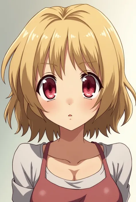 A female character with rough sandy blonde hair doesn't wear bangs and has red eyes. Anime version 