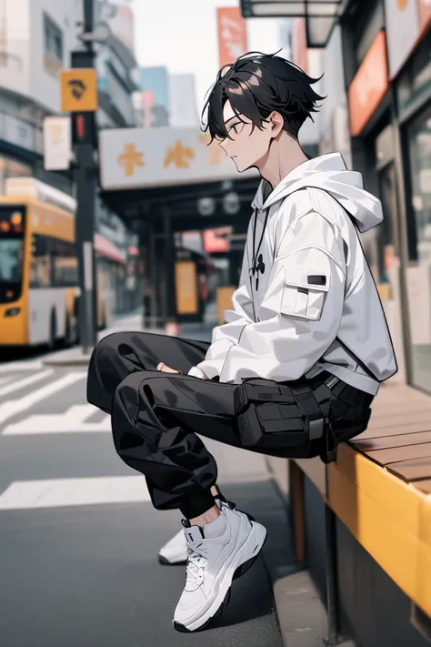 Boy with nice body and black hair wearing white hoodie and black cargo pants and black and white shoes