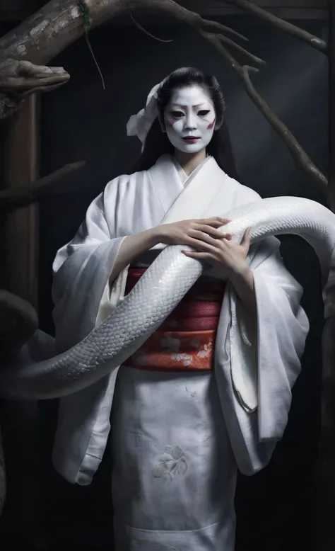 woman,white face, kimono, A large white snake wrapped around its body,Inside the sanctuary , dark atmosphere,realistic photos、