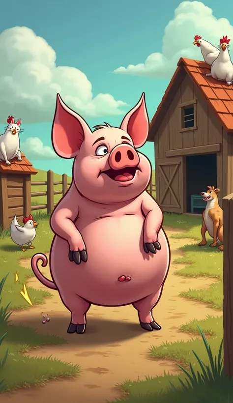 A hilarious and exaggerated farm scene in a semi-realistic drawing style with vibrant colors. In the foreground, Zé Barriga de Isopor, the chubby and not-so-bright pig, stands trembling uncontrollably after his disastrous encounter with the electric fence....