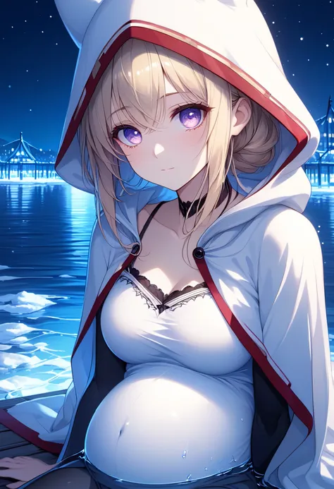 High Resolution, High Quality, High Detail, frozen dock, night, 1girl, blonde hair, violet eyes, medium breasts, white cat hood, white cloak, white camisole with red trim, grey skirt, black leggings, sandals, looking at viewer, arms behind back, reaching f...