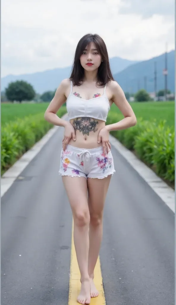  high quality pictures  ,  beautiful woman wearing super small shorts and shorts,  small tight panties make her vulva bulge . Body full of colorful 3D tatto 