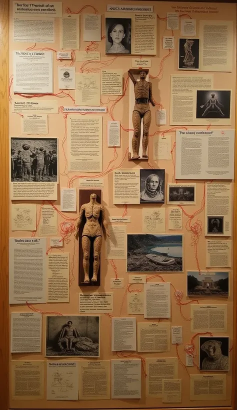 A conspiracy-themed evidence board covered in photos, ancient texts, and classified government documents linking the Nazca mummies to extraterrestrial encounters. Red strings connect different points, creating a web of mystery and intrigue.