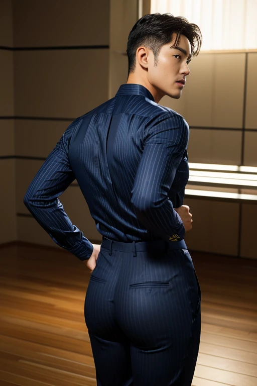 40-year-old boy ,Korean bulky male officer ,Wear navy blue police uniform shirt................ pinstripe navy blue smooth tight trouser, transparent pants obvious underwear print ,((unrealistic super big tight butt wearing pants)), legs wide open, legs on...