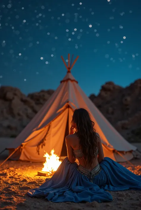  The sky is full of stars. Underneath it is rocky desert. In front of that is a big tent. In front of the tent, a woman in belly dancer attire is lounging her hand supporting her head. In front of her is a fire. Her clothes arr blue.Shadows dance over the ...