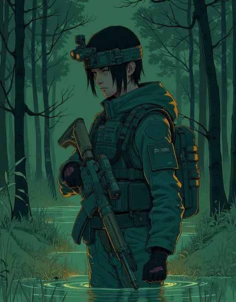 make an illustration of "Itachi Uchiha", wear: forest military uniform, black tactical military vest, tactical helmet with night vision mount, carry a firearm (M4 Assault Rifle: with grip and scope), when crossing the swamp, dark green light until dark, at...