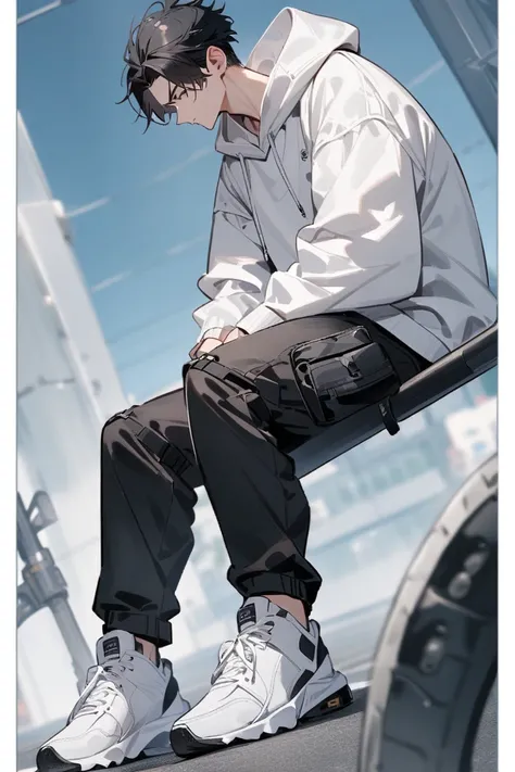 Boy with nice body and black hair wearing white hoodie and black cargo pants and black and white shoes