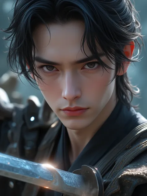 Masterpiece, best quality, 8k, highest quality, best graphic, beautiful eye, beautiful lip, beautiful background, man in 20s, black hair, sword on on his hand