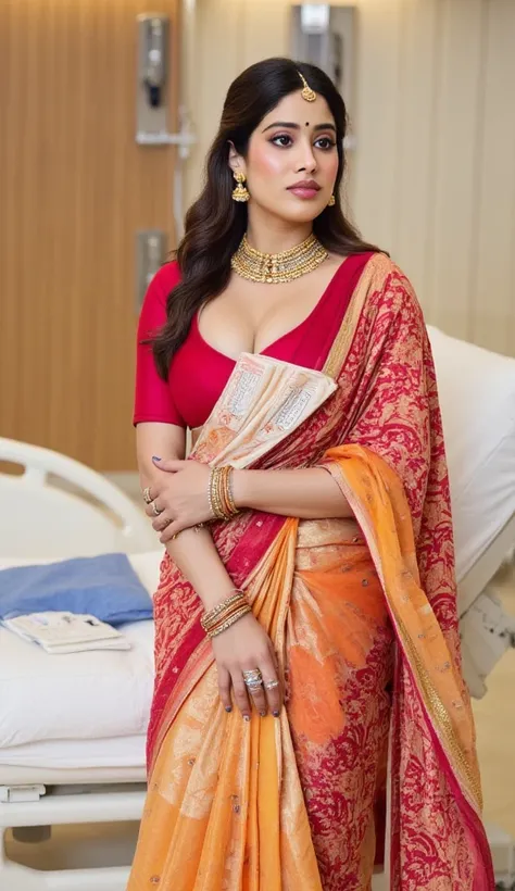 A woman wearing bridal saree and 
tight blouse  standing next to bed in luxury hospital with files. Bridal jewellery include gold  rings and bangles 