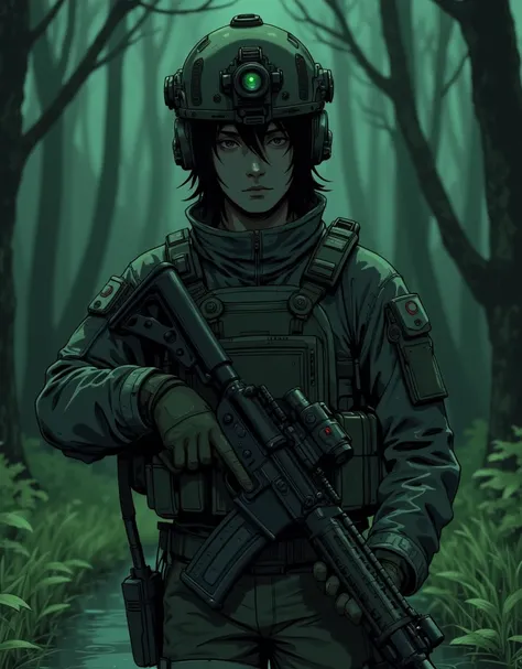 make an illustration of "Itachi Uchiha", wear: forest military uniform, black tactical military vest, tactical helmet with night vision mount, carry a firearm (M4 Assault Rifle: with grip and scope), when crossing the swamp, dark green light until dark, at...