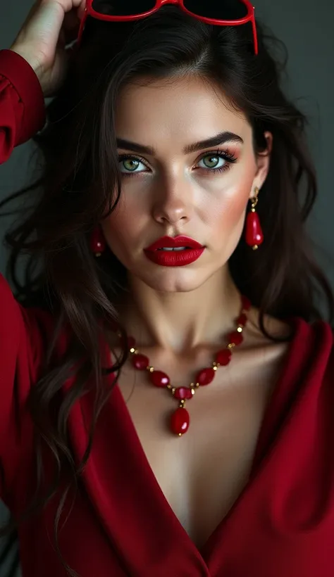 A Russian girl wearing dark red & brown dressing dark brown hair big eyes Red lipstick red jewelry sunglasses open big breast Create 4k photos 