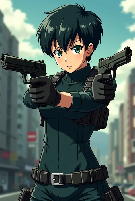 Create an image of a Japanese character who has two pistols, he has the expected black hair and green eyes, anime style