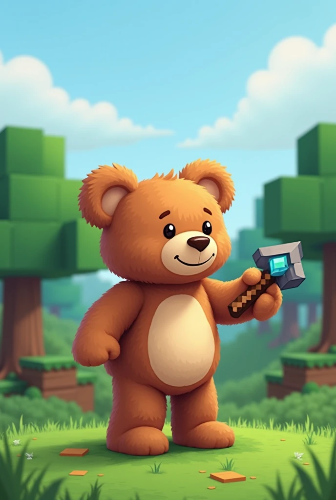 The graphic shows a cute, Minecraft-style pixel teddy bear standing in a picturesque world of blocks. His fur is soft and warm, and his eyes are kind. In the background you can see green meadows, tall trees and a blue sky - all in a Minecraft atmosphere. T...