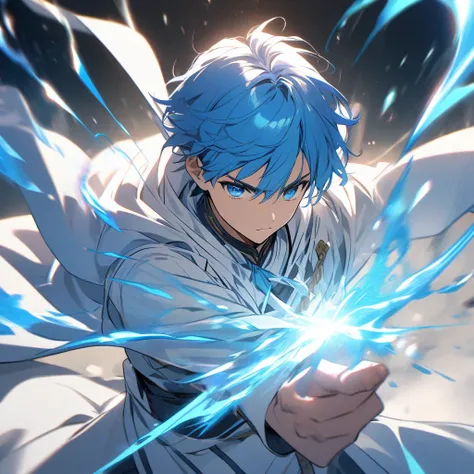  Boy with bright blue hair, wearing white clothes shows strong and safe magic