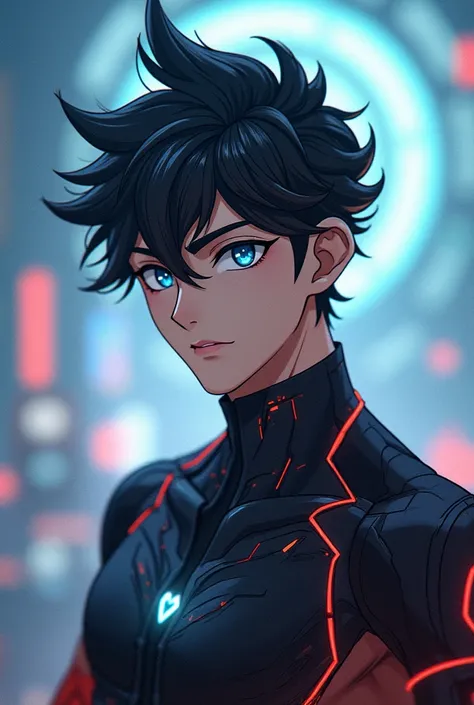  Create a male character from a futuristic anime, with a top ,  logo in high definition , graphic with a futuristic image behind  