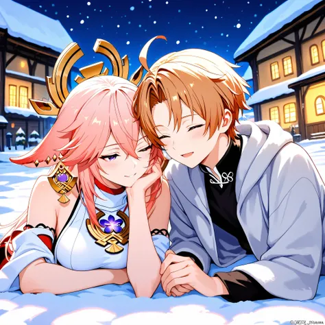 Love couple, Yae Miko and Rudeus Greyrat, snowy town in background, leaning on each other, masterpiece, best quality, High resolution 