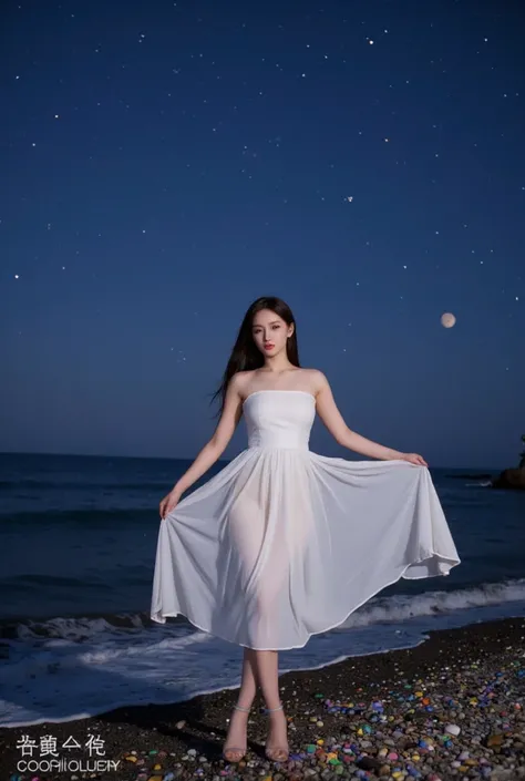 The image style is realistic. On a quiet and deep night, a breathtakingly beautiful woman stands still by the seaside. She is dressed in an elegant and flowing white dress, with a graceful figure and a charming face, and there is a touch of sadness in her ...