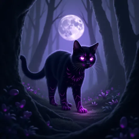 Un chat noir avec des rayures violettes et les yeux violet. Le violet brille et étincelle dans la forêt de nuit. This cat is magical. 