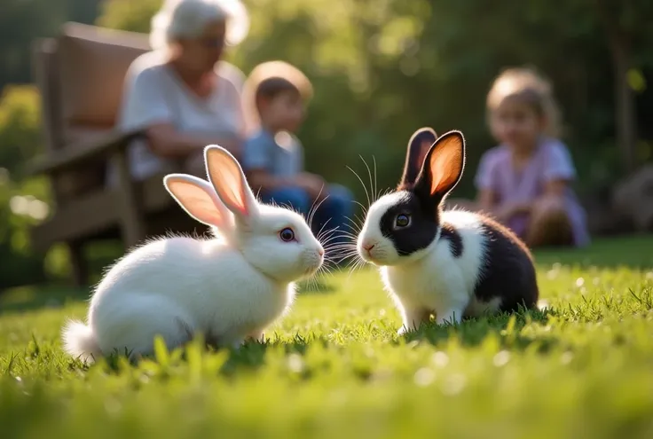 Two rabbits one pure white and one half white and half black playing in a garden area near the chair of grandmother and 2 s one girl and one boy 
Note mention grandmother is sitting on the chair and two s are watching rabbits by sitting on the garden 