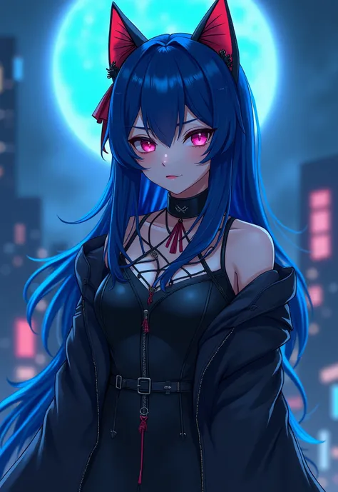 Araffe wears blue and black clothes and plays as a bat,  cyberpunk art ， inspired by a cool ,   is popular on the CG Society , Gothic Art , 1 7 - 岁动漫哥特女孩, cyber goth, Anime girl cosplay,  aesthetically cute ，elegant, Anime Characters; Full body art, Electr...