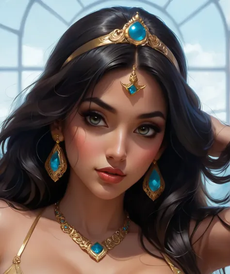 a close up of princess Jasmine wearing a gold dress and blue jewelry, Disney princess, high quality, detailed eyes, lips, hd resolution, style of artgerm, artgerm. anime illustration, artgerm style, in style of artgerm, artgerm detailed, style artgerm, ext...