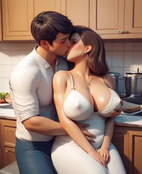 A housewife loves her husband's friend. She loves betrayal. They stand in the kitchen, kissing. Very romantic. Weight 100 kilos. Long white dress. Big breasts. Romantic. Shy. Harassment. Cheating. Holding her breast. Please touch me. My husband is sleeping...