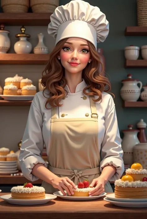 Brown-haired wavy answer woman dressed as a chef in her Disney business