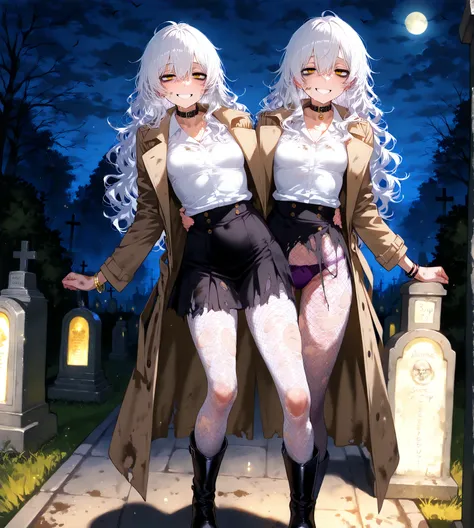  cemetery ,  night, luz de luna, (Alone),  Long hair,  white hair,  wavy hair, messy hair,  small breasts, (black trench coat), dirty and torn white shirt,  dirty black skirt ,  panties white, thigh-high mesh tights, black boots, bracelets,   bracelets , c...