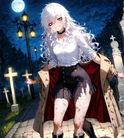  cemetery ,  night, luz de luna, (Alone),  Long hair,  white hair,  wavy hair, messy hair,  small breasts, (black trench coat), dirty and torn white shirt,  dirty black skirt ,  panties white, thigh-high mesh tights, black boots, bracelets,   bracelets , c...