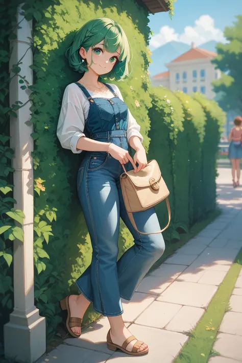 green hair, girl, green eyes, cute face, full body, jeans dress