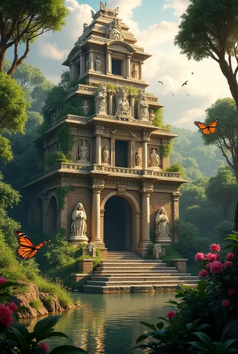  Un hermoso templo a tenga mucha naturaleza 🏞️ que haiga figuras prehispánicas aztecas y santos católicos, That there are monarch butterflies flying and that it is illuminated by rays of the Sun 